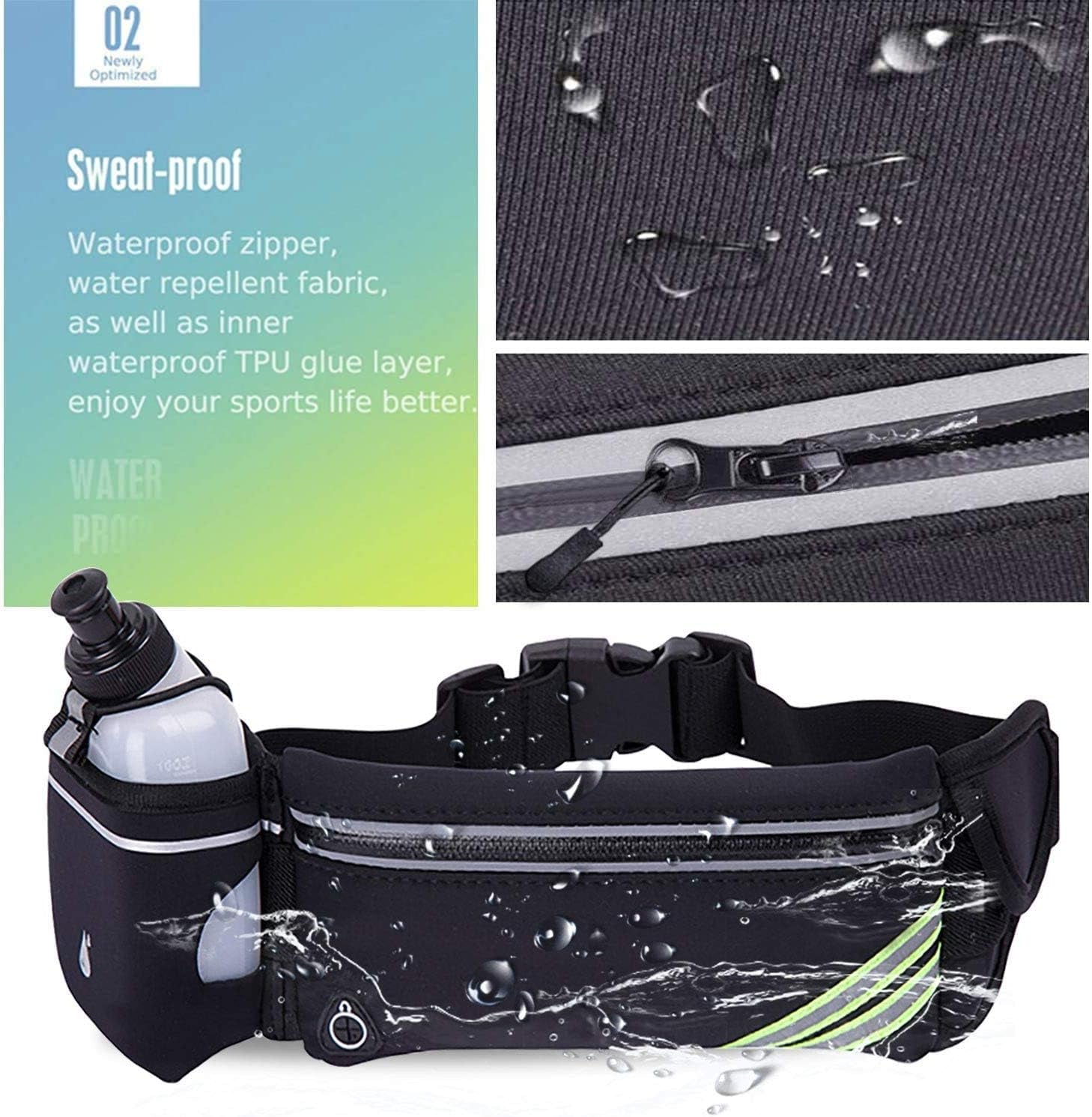 Reflective Running Belt with Water Bottle Holder & Phone Pouch