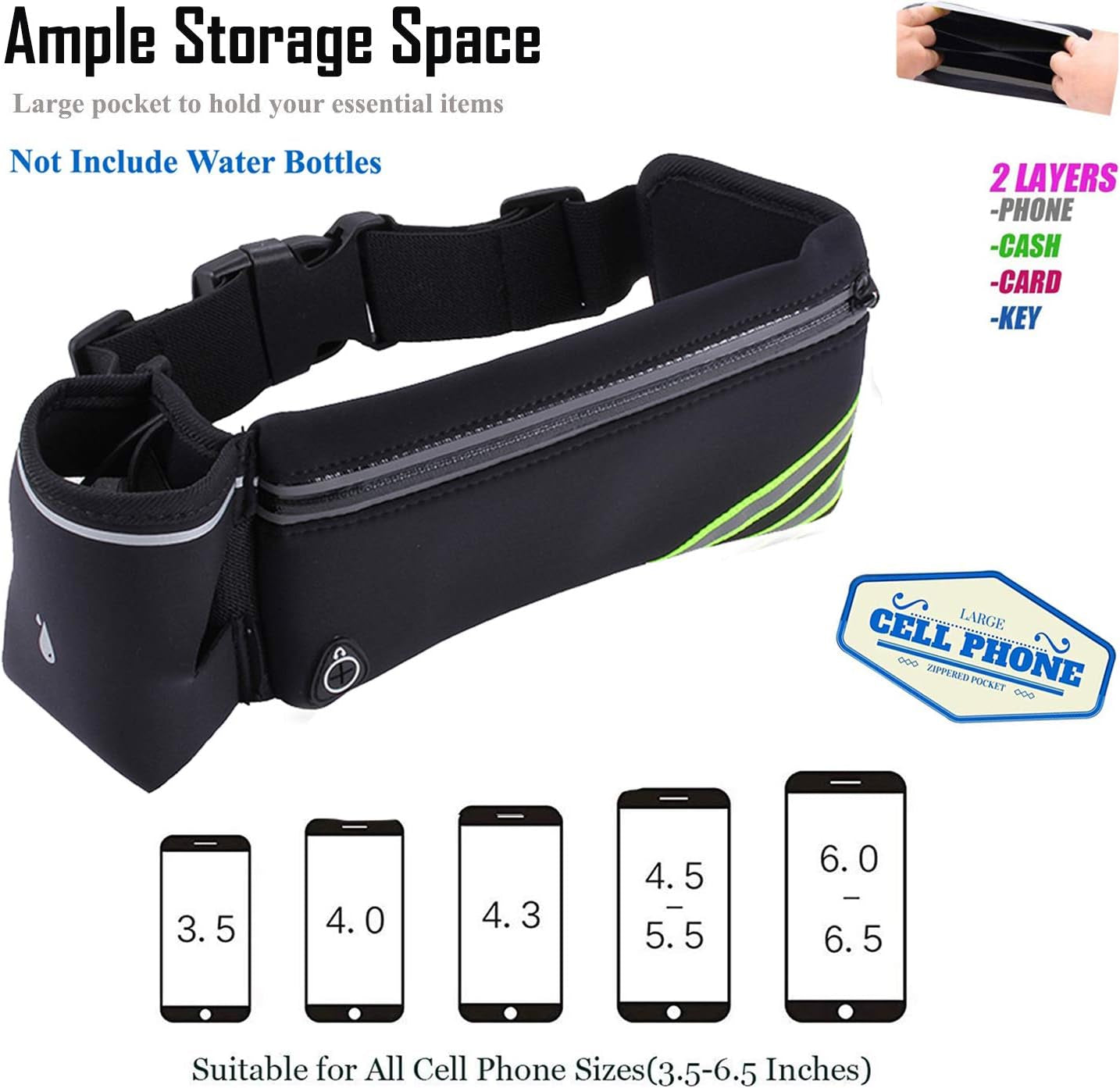 Reflective Running Belt with Water Bottle Holder & Phone Pouch