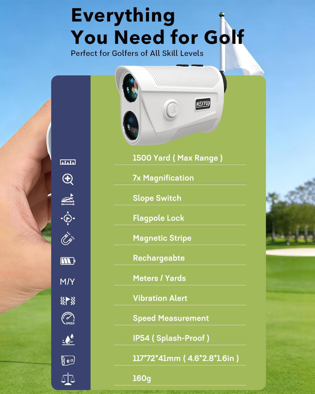 Golf Rangefinder with Slope – 1500-Yard Laser Range Finder, 7X Zoom