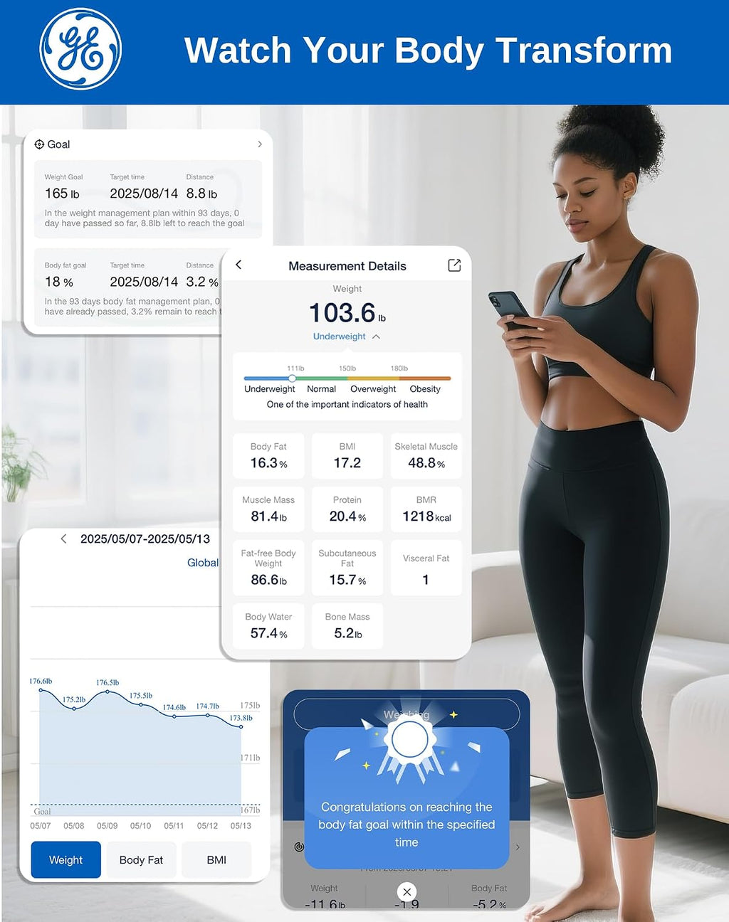 GE Smart Body Fat Scale with BMI & Bluetooth App Tracking